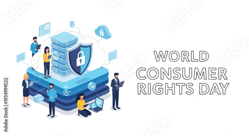 Illustration of people around a shield and server with data protection symbols for World Consumer Rights Day, promoting consumer protection and fair trade practices in a digital age.