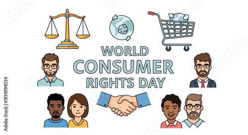 Illustration of diverse people icons with shopping cart, scale, and globe for World Consumer Rights Day, promoting fair trade practices and consumer protection with a modern vector design.