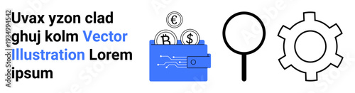 Blue digital wallet with coins, black magnifying glass, and gear icon for settings. Ideal for finance, technology, online banking, search tools, configurations, fintech simple landing page