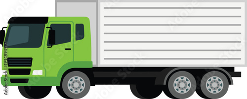 Green cargo truck with container illustration isolated on white background, transportation logistics delivery vehicle for freight shipping concept