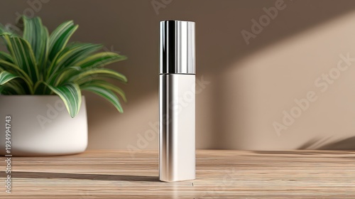 Silver perfume bottle on wooden table with potted plant natural light and beige background minimalistic setup