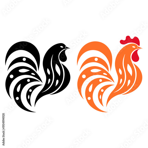 Abstract rooster logo design, stylized chicken silhouette icon for poultry and organic farm branding.