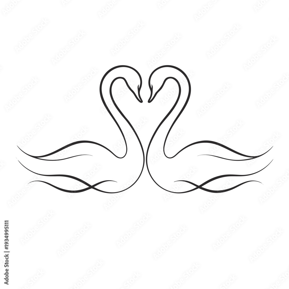 Fototapeta premium Minimalist swan heart line art vector, elegant bird couple wedding and jewelry logo icon.