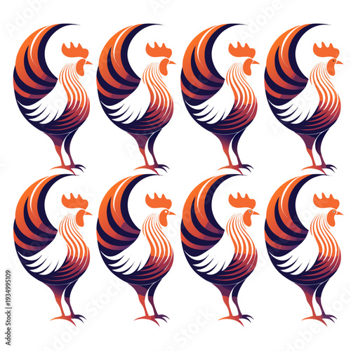 Colorful Rooster Pattern Design with Modern Gradient Line Art. Vibrant Abstract Chicken Rooster Silhouette Set for Farm Branding