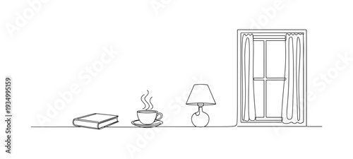 Continuous line drawing of cozy home elements including book, coffee, lamp, and window