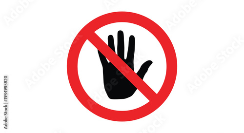 A striking red prohibition symbol featuring a black hand silhouette indicating a stop halt or denial silhouette