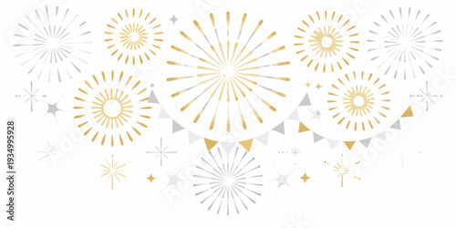 Festive celebration with golden and silver fireworks and triangular pennants