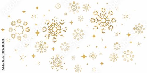 Golden snowflakes and stars scattered across a white background