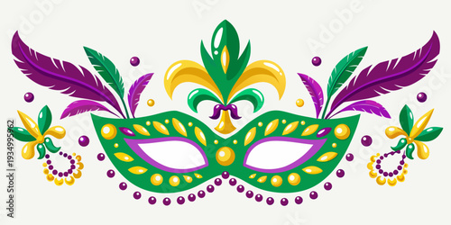 A vibrant mardi gras mask adorned with feathers and colorful beads