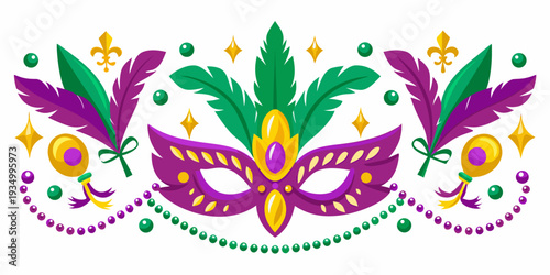 A vibrant mardi gras arrangement featuring a mask feathers and beads