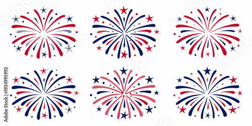 A collection of vibrant fireworks displays in red white and blue