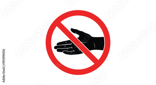 A striking red prohibition sign featuring a black hand silhouette denying access or contact silhouette high quality professional