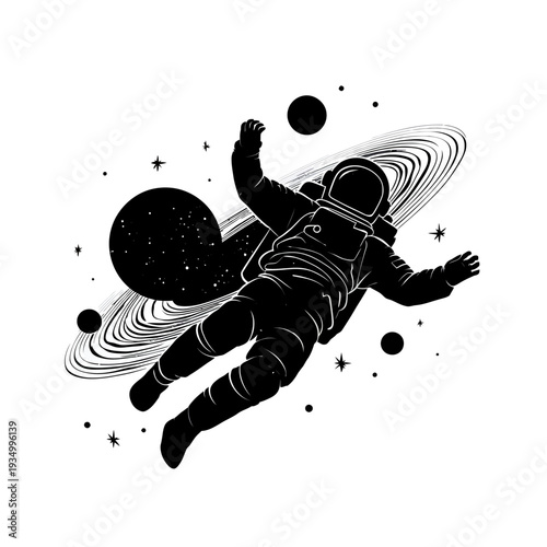 Astronaut Floating in Space Among Planets and Stars