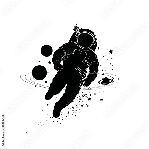 Astronaut floating in space surrounded by planets