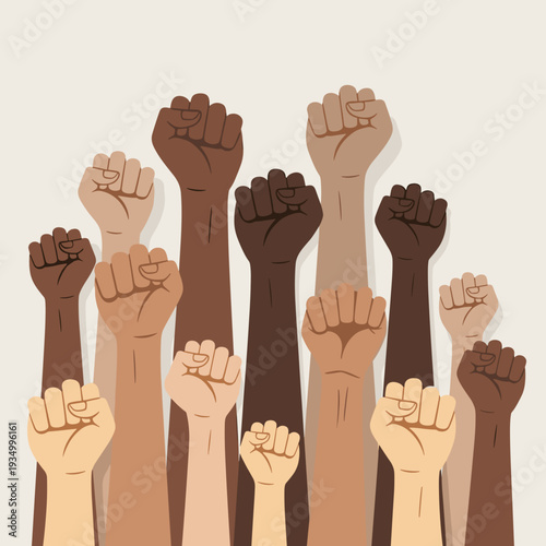 Diverse Raised Fists of People with Different Skin Tones for Solidarity and Unity