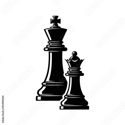 Black and white chess pieces on a plain background