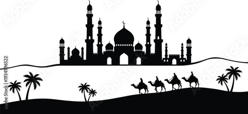 Elegant Islamic mosque silhouette, desert camel caravan, palm trees and crescent domes against serene Arabian landscape, Ramadan travel vector illustration