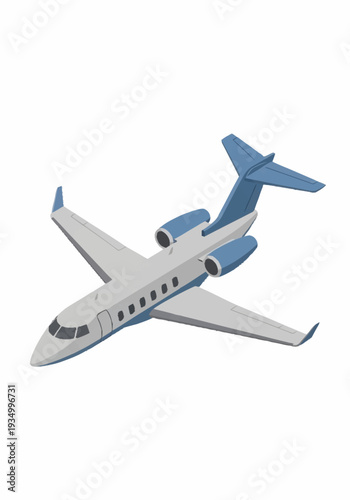 White and blue corporate jet flying isolated on white background.