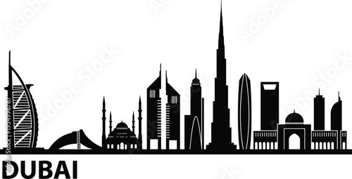 Dubai skyline silhouette with Burj Khalifa, Burj Al Arab and modern skyscrapers, iconic United Arab Emirates cityscape travel vector illustration