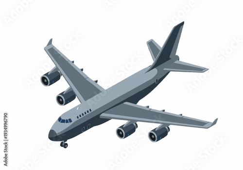 Large gray airplane flying with four engines.