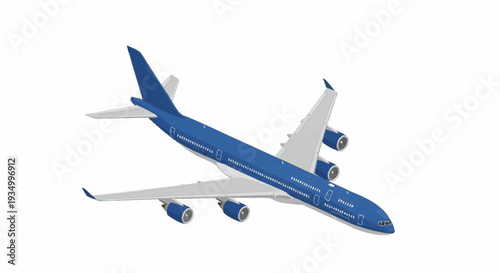 Blue and white commercial airplane in flight against a white background.