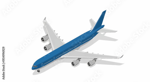 Large blue and white passenger airplane flying.