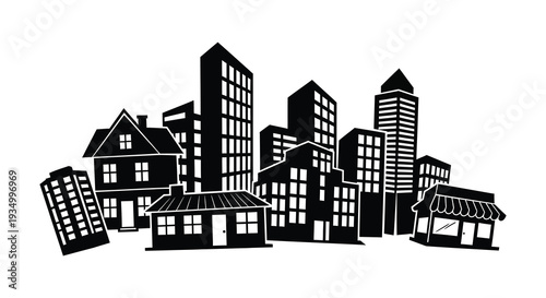 A striking black cityscape depicts various building heights and architectural styles in silhouette high quality professional detailed modern