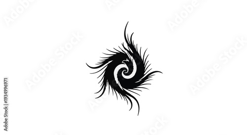 Abstract black swirling vortex with sharp feathery edges on a white background