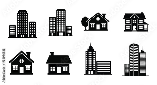 A collection of black building icons including houses and skyscrapers presented as a striking silhouette high quality professional