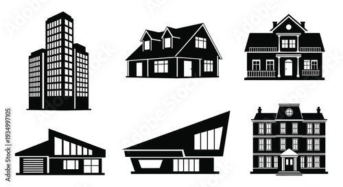 A collection of diverse architectural building shapes presented in a stark black silhouette high quality professional detailed modern
