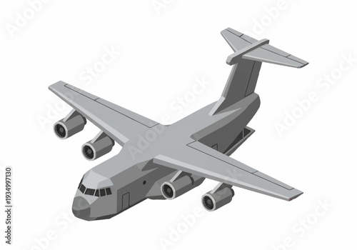 Gray airplane with four engines on white background.