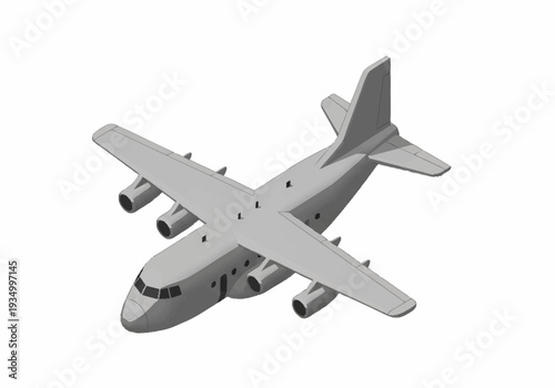 Gray airplane with four engines on white background.