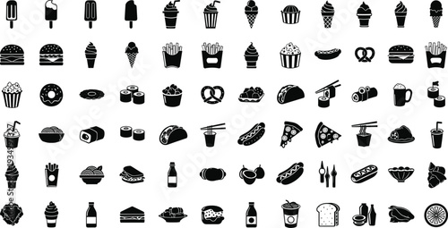 Solid Fast Food Icon Set with Burgers Pizza Sushi Ice Cream Fries Drinks and Street Food Silhouette Vector Collection