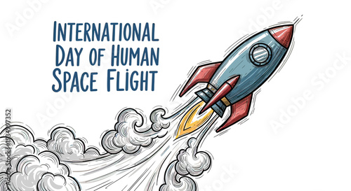 Colorful Cartoon Rocket Launching into Space.