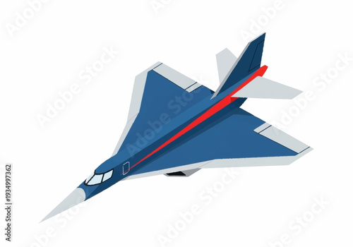 A blue and white fighter jet with red line.