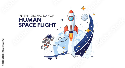 Illustration of Rocket Ship and Astronaut in Space.