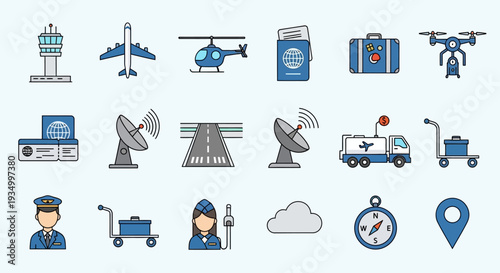 Aviation and Logistics Icons Set with Aircraft and Ground Support Equipment.