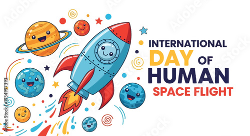 Colorful Cartoon Rocket Ship Soaring Through Space.