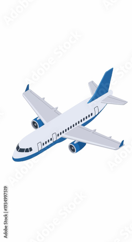 White and blue commercial airplane in flight.