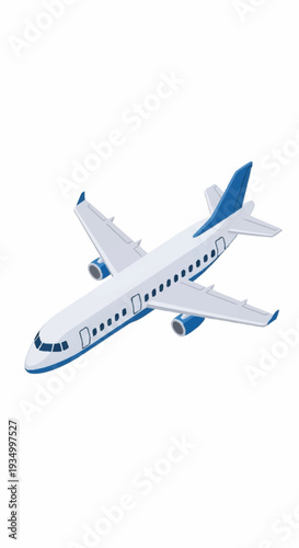 White and blue commercial airplane in flight against a white background.