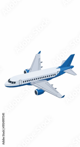 White and blue commercial airplane in flight against a plain white background.