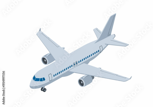 White commercial airplane flying with blue accents on a white background.