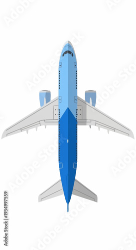 Top view of a blue commercial airliner on a white background.