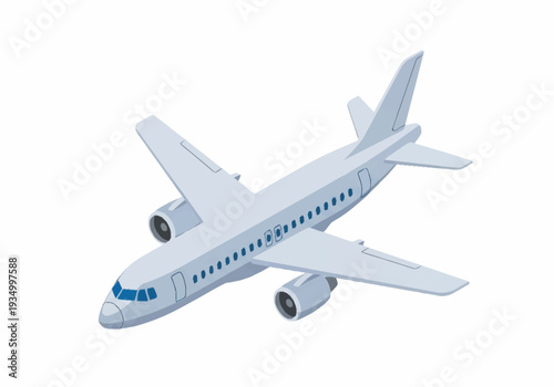 White Commercial Airplane Flying Isolated on White Background.