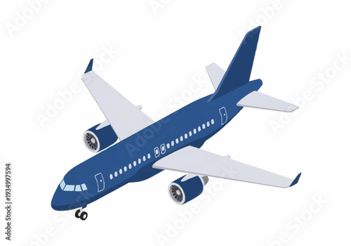 Blue Commercial Airplane in Flight with White Background.