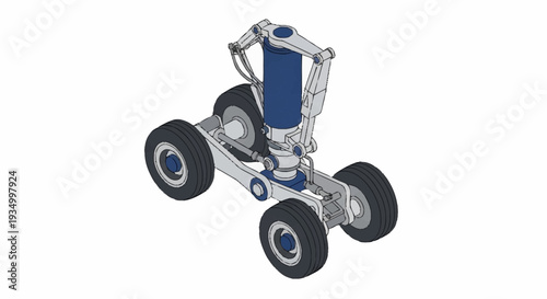 Aircraft landing gear with three black wheels and blue accents on a white background.