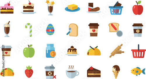 Food and dessert icon set with cake coffee apple bread ice cream taco strawberry and snack vector illustration collection.