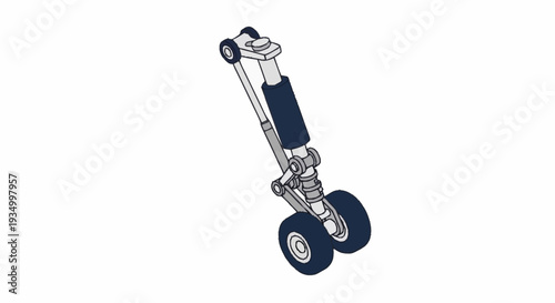 Detailed illustration of an airplane landing gear with shock absorber and wheels.