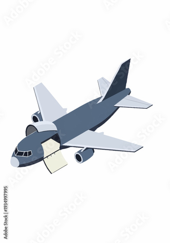 A gray and white airplane flying with landing gear down.