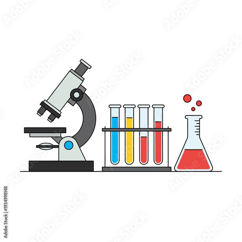 Microscope and test tubes with colorful liquids, science laboratory equipment